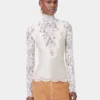 Bluză lungă din dantelă și jersey, de culoare ivoriu