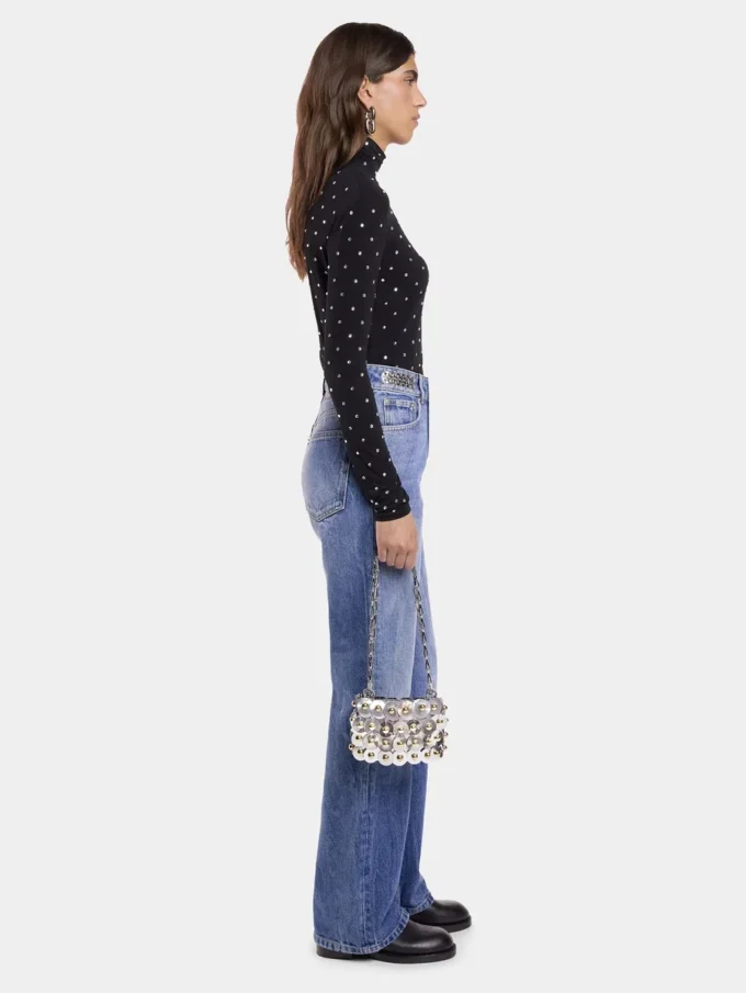 Bluză neagră cu cristale, din tricot tip a doua piele