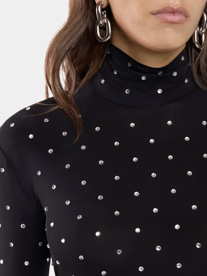 Bluză neagră cu cristale, din tricot tip a doua piele