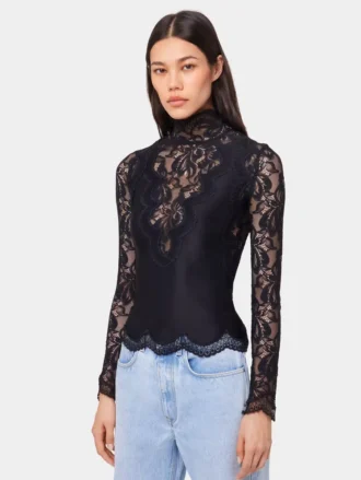Bluză neagră cu mâneci lungi din dantelă și jersey