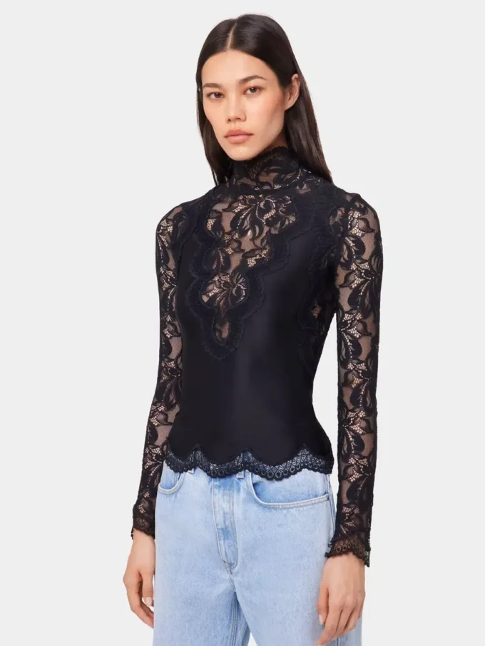 Bluză neagră cu mâneci lungi din dantelă și jersey