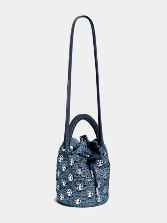 Geantă tip sac din rafie albastră denim