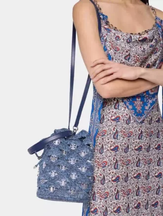 Geantă tip sac din rafie albastră denim