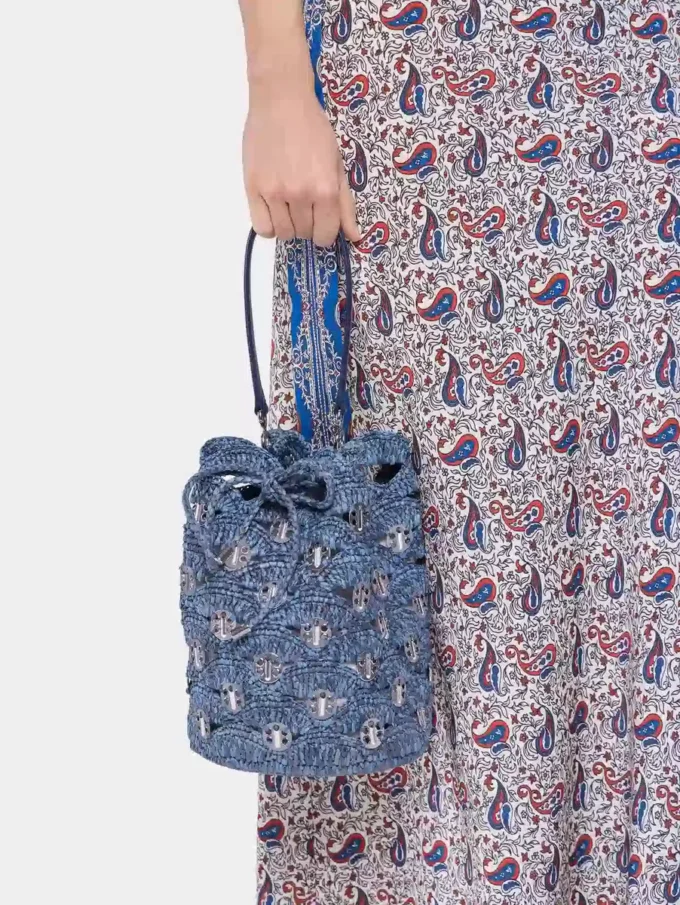 Geantă tip sac din rafie albastră denim Geantă tip sac din rafie albastră denim