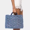 Geantă tote din rafie albastru denim