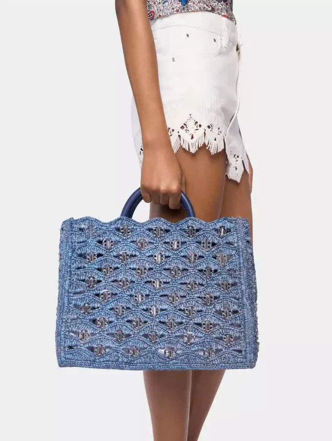 Geantă tote din rafie albastru denim