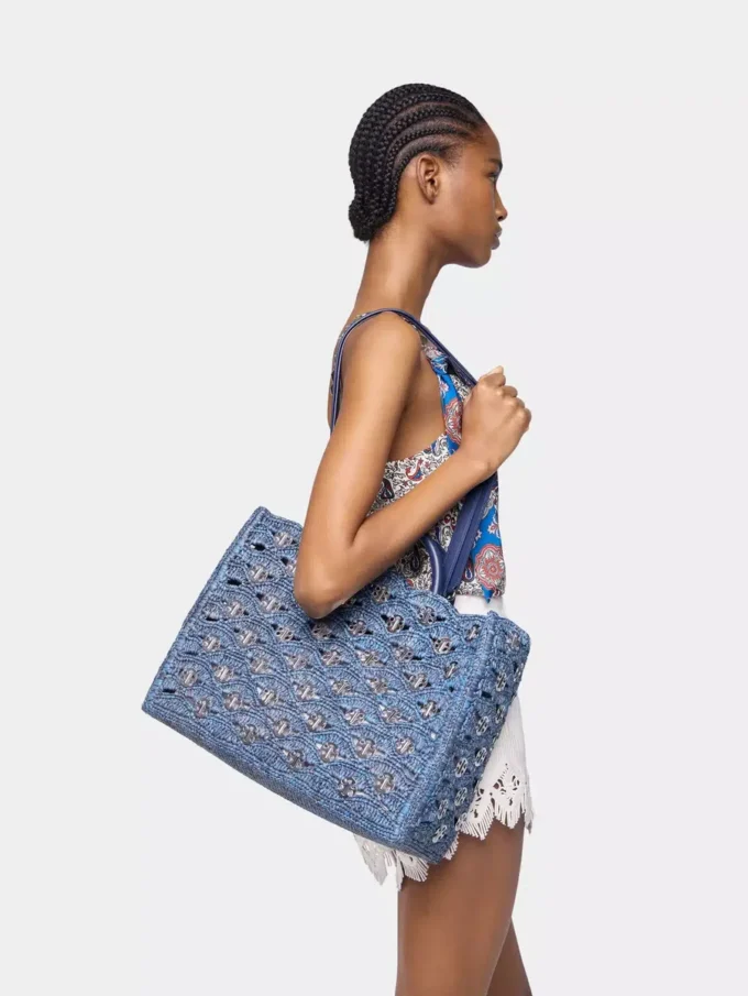 Geantă tote din rafie albastru denim