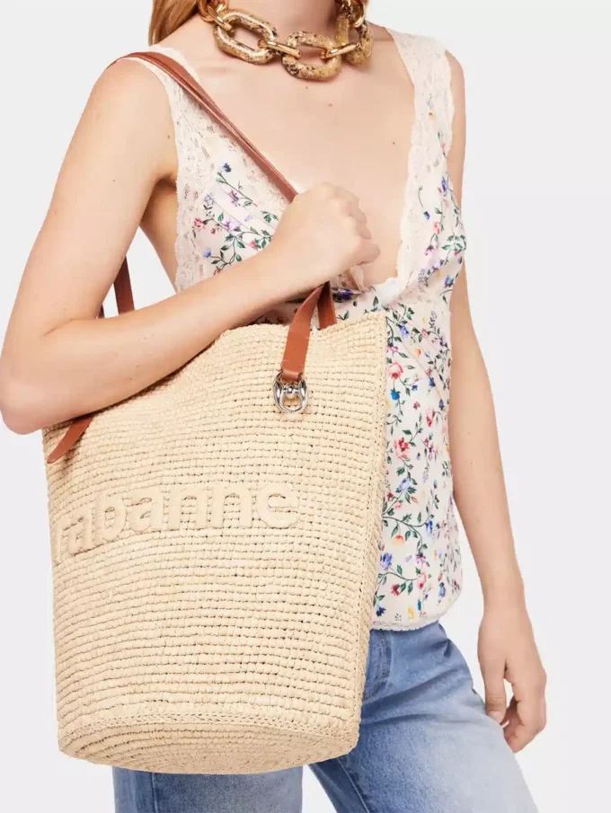 Geantă tote din rafie bej cu logo
