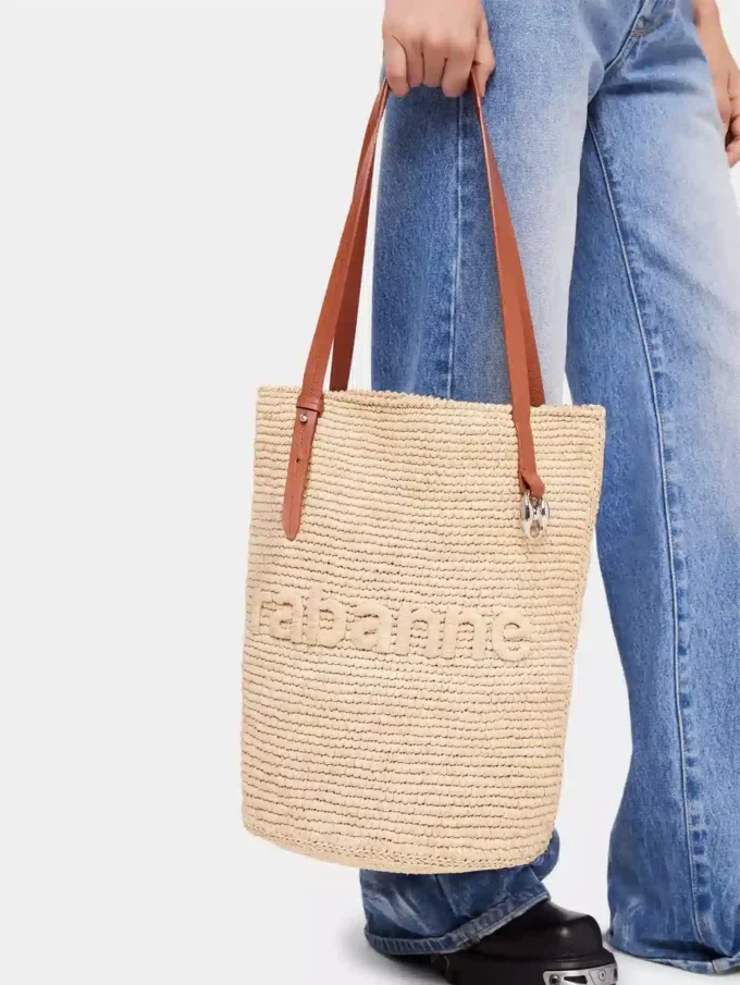 Geantă tote din rafie bej cu logo