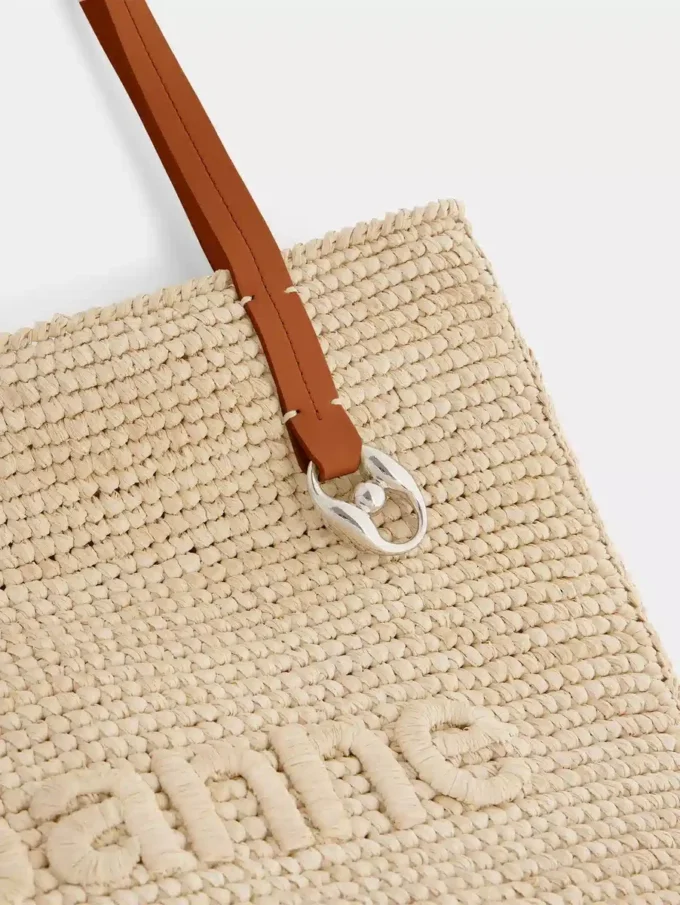 Geantă tote din rafie bej cu logo