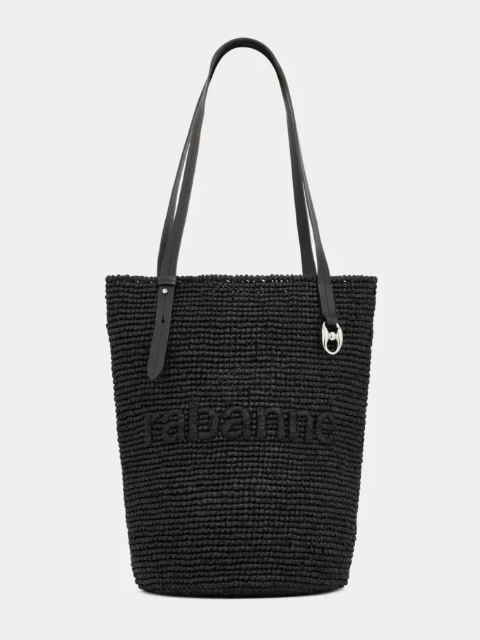 Geantă tote din rafie neagră cu logo