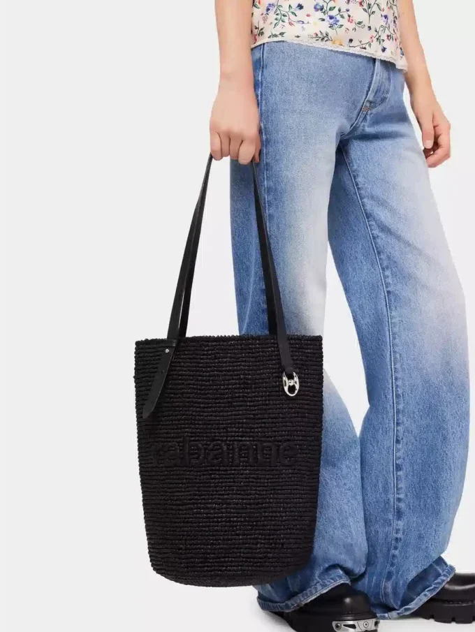 Geantă tote din rafie neagră cu logo