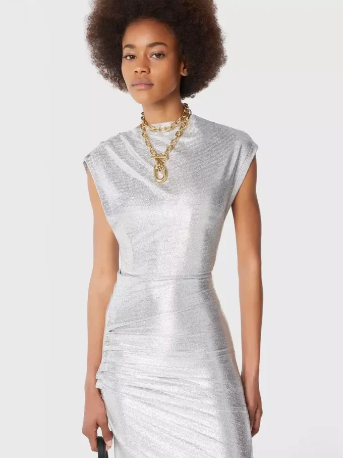 Rochie drapată argintie din lurex