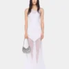 Rochie lungă albă fără mâneci din muselină și satin