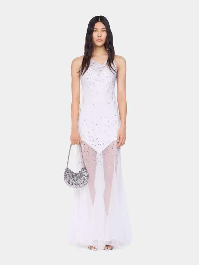 Rochie lungă albă fără mâneci din muselină și satin