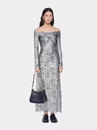 Rochie lungă argintie din dantelă