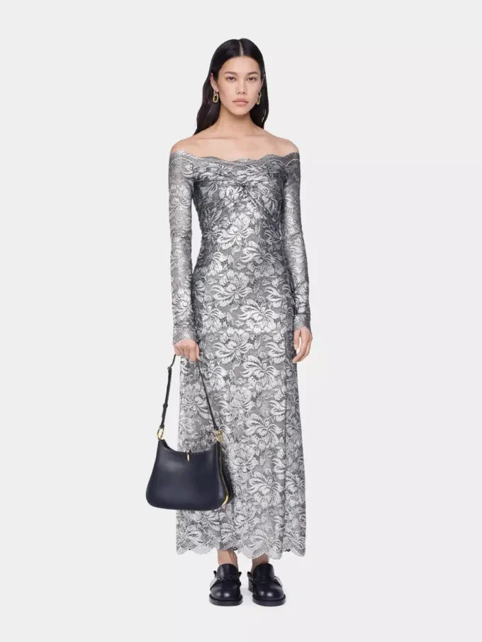 Rochie lungă argintie din dantelă