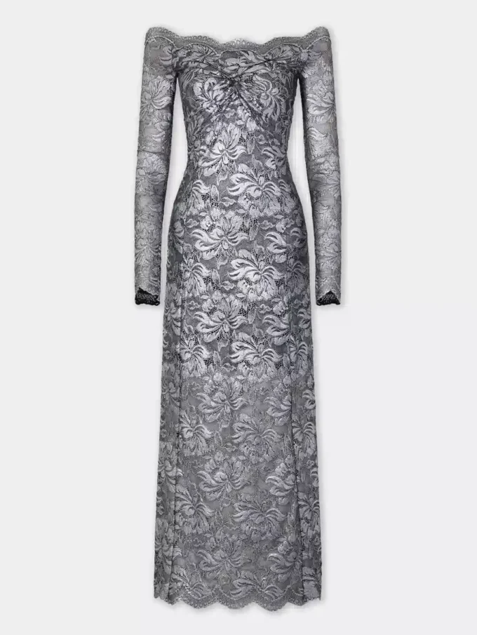 Rochie lungă argintie din dantelă