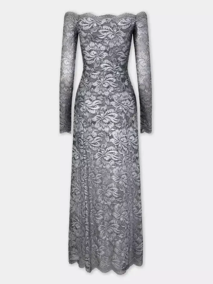 Rochie lungă argintie din dantelă