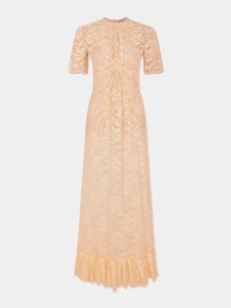 Rochie lungă din dantelă de culoarea rafiei