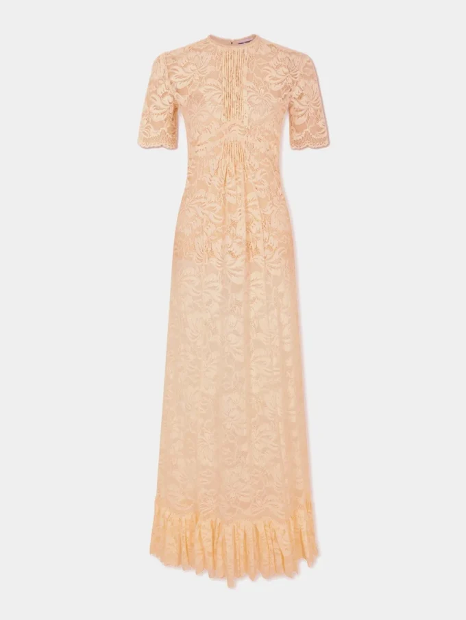 Rochie lungă din dantelă de culoarea rafiei