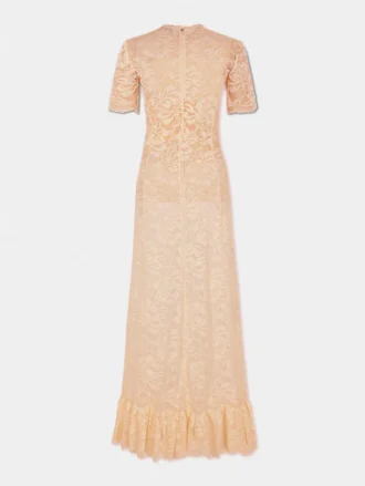 Rochie lungă din dantelă de culoarea rafiei