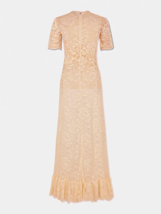 Rochie lungă din dantelă de culoarea rafiei