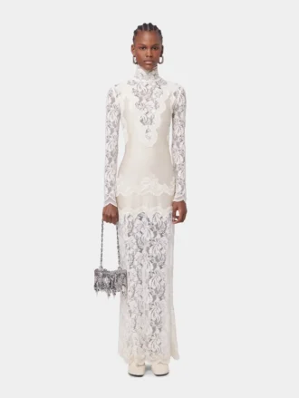 Rochie lungă din dantelă și jersey, de culoare ivoriu