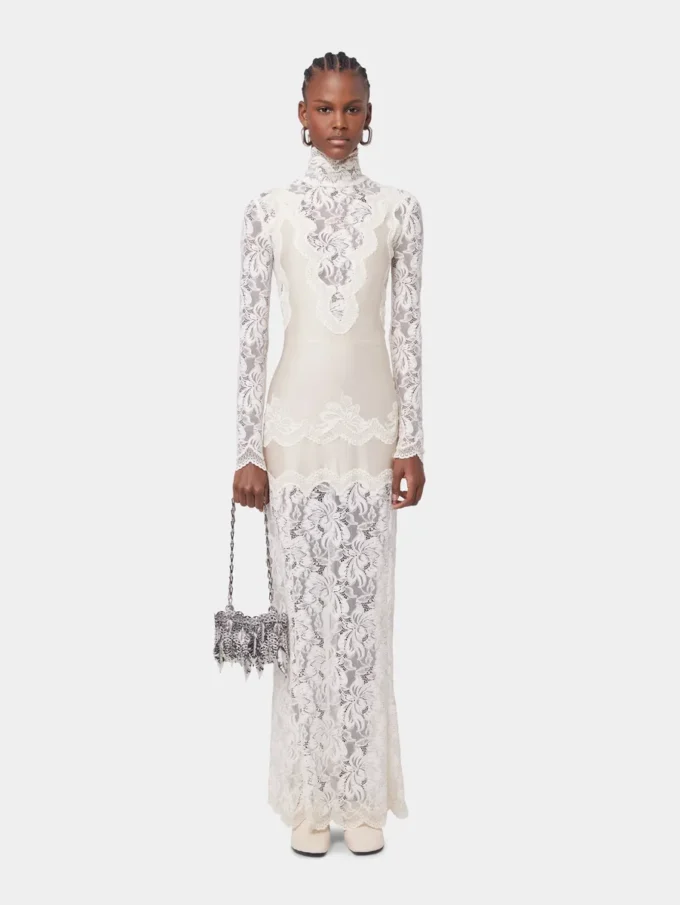 Rochie lungă din dantelă și jersey, de culoare ivoriu