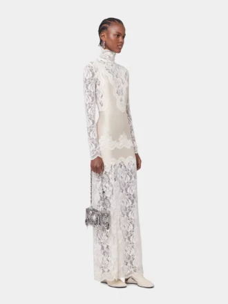 Rochie lungă din dantelă și jersey, de culoare ivoriu