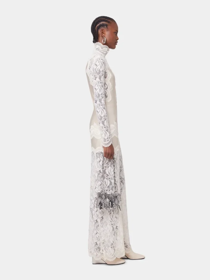 Rochie lungă din dantelă și jersey, de culoare ivoriu