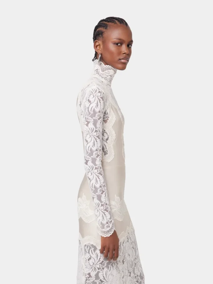 Rochie lungă din dantelă și jersey, de culoare ivoriu