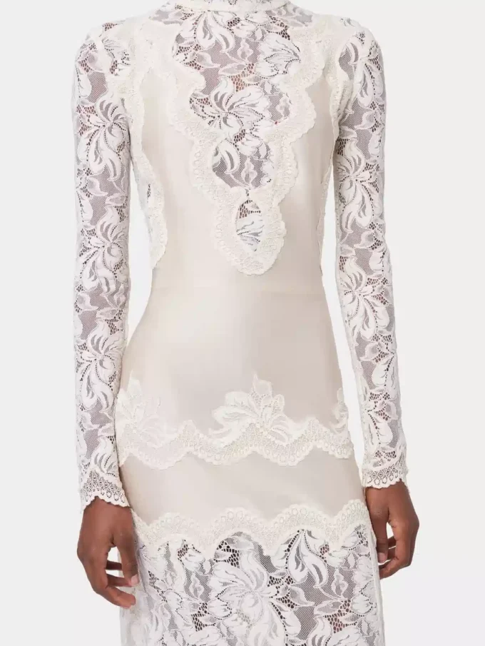 Rochie lungă din dantelă și jersey, de culoare ivoriu