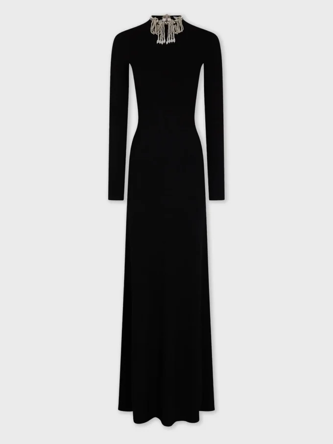 Rochie lungă din tricot, fără spate, cu broderii