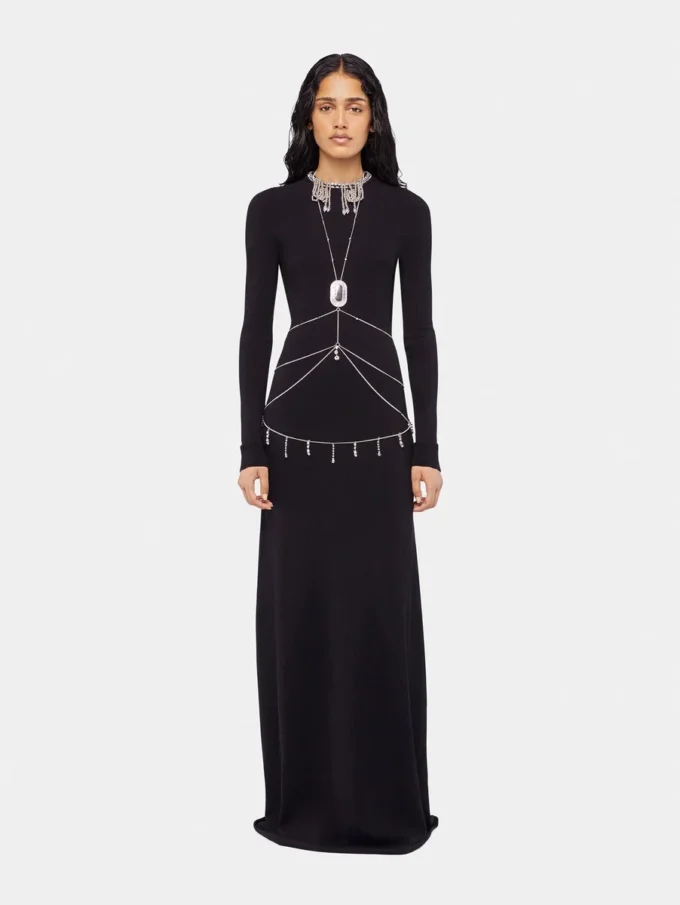 Rochie lungă din tricot, fără spate, cu broderii