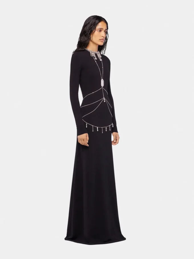 Rochie lungă din tricot, fără spate, cu broderii