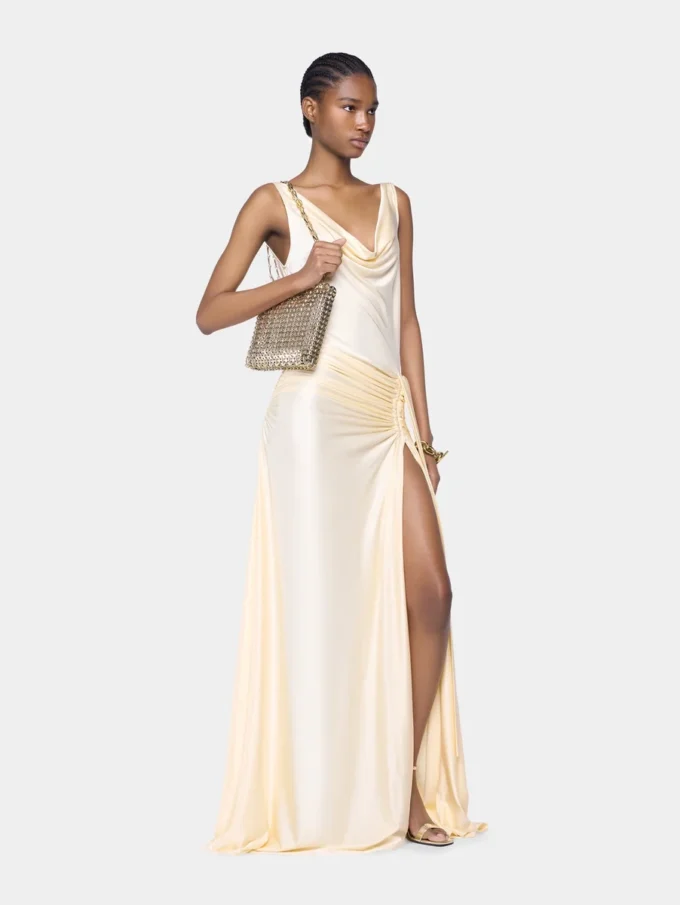 Rochie lungă fără mâneci, de culoare crem, din jersey