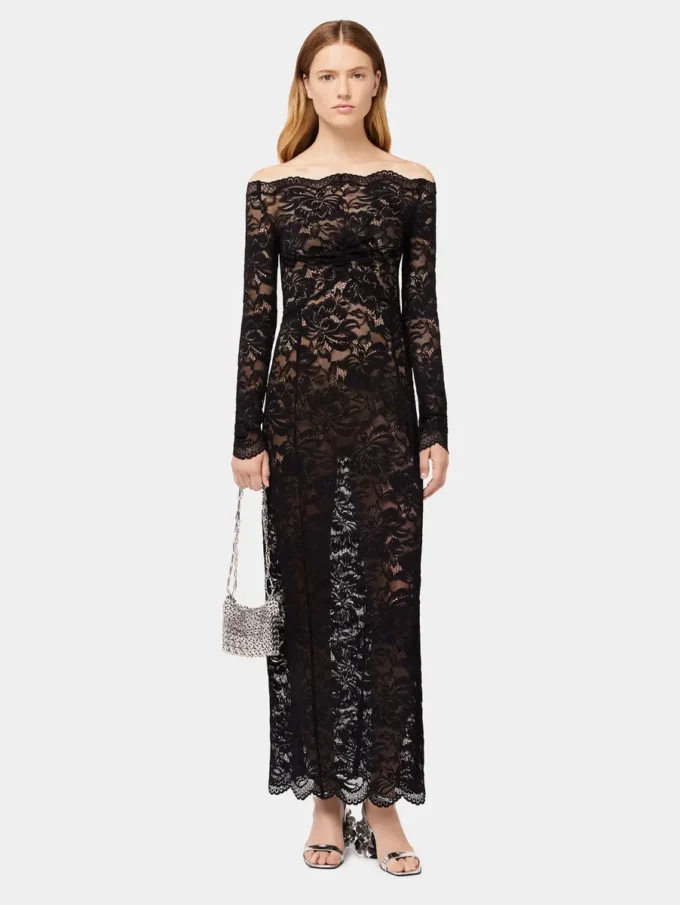 Rochie lungă neagră din dantelă cu guler bardot