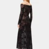 Rochie lungă neagră din dantelă cu guler bardot