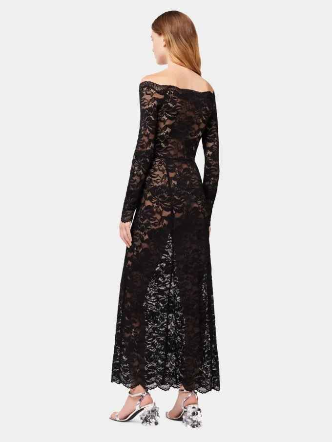 Rochie lungă neagră din dantelă cu guler bardot