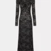 Rochie lungă neagră din dantelă cu guler bardot