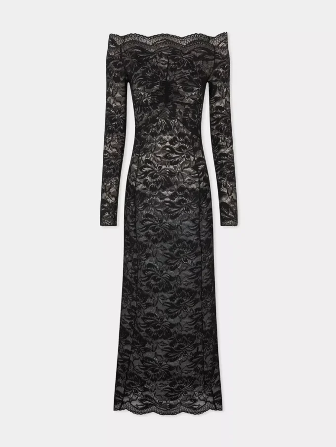 Rochie lungă neagră din dantelă cu guler bardot