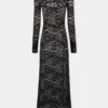 Rochie lungă neagră din dantelă cu guler bardot
