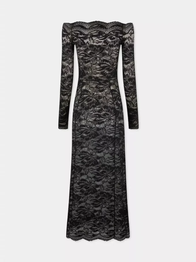 Rochie lungă neagră din dantelă cu guler bardot