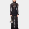 Rochie lungă neagră din dantelă și jersey