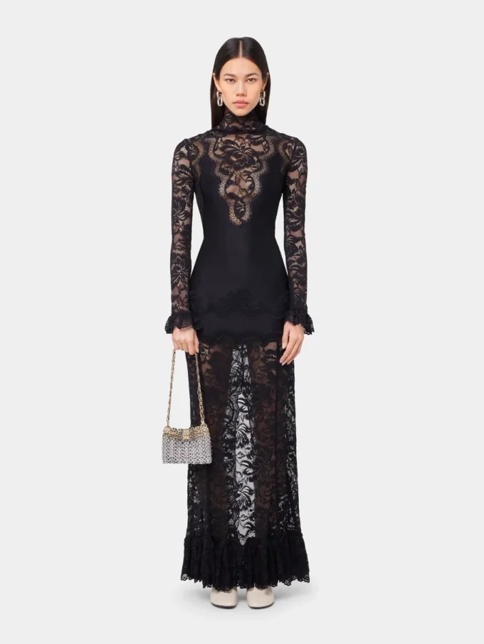 Rochie lungă neagră din dantelă și jersey