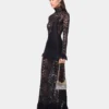 Rochie lungă neagră din dantelă și jersey