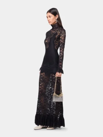 Rochie lungă neagră din dantelă și jersey