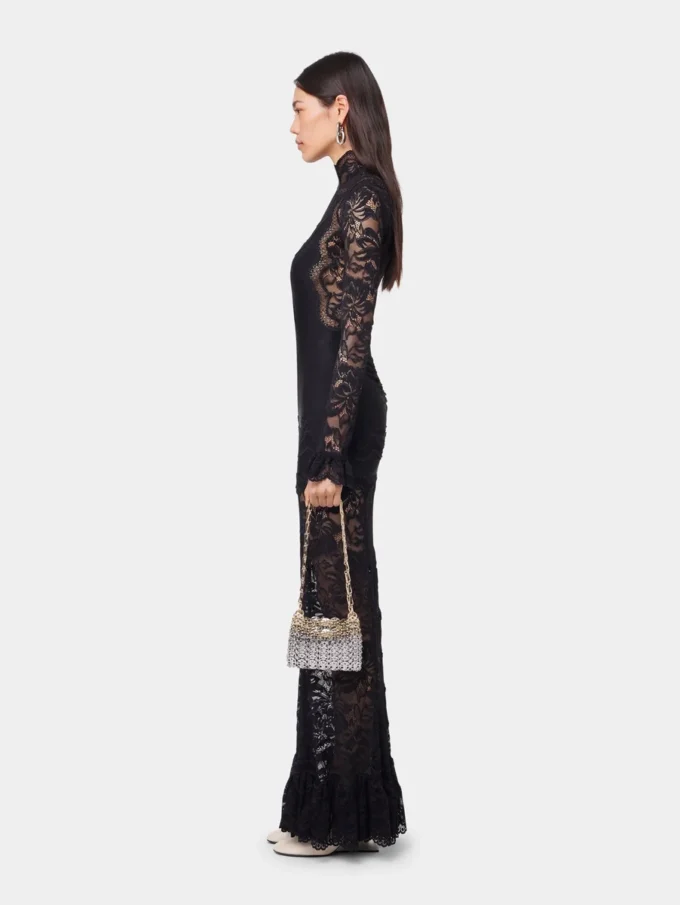 Rochie lungă neagră din dantelă și jersey