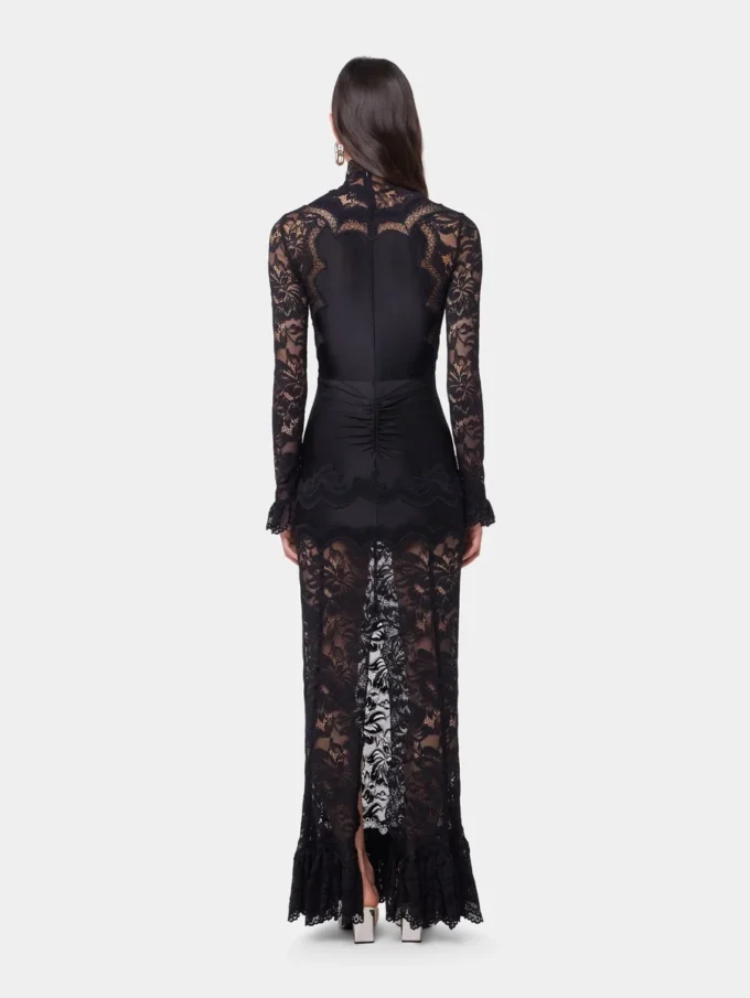 Rochie lungă neagră din dantelă și jersey